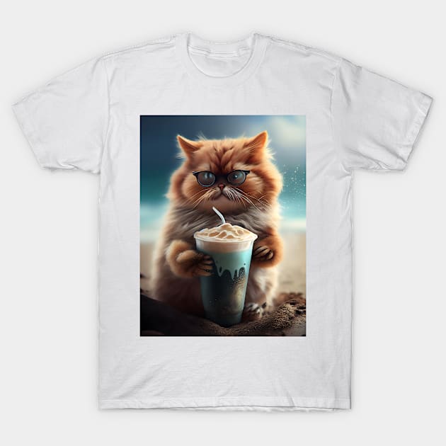 Cute Cat Drinks Coffee at the beach T-Shirt by Ovation4U